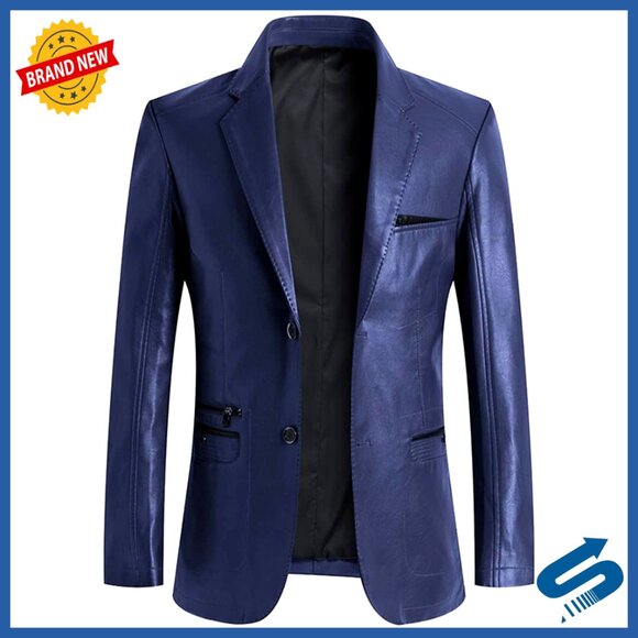 Men's Faux Leather Blazer Jacket Slim Fit Notch Lapel Casual Coat
